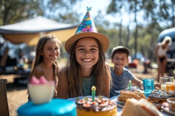 Multi-generational family celebrating a birthday outdoors at a campsite, during a caravan holiday trip, emphasizing the importance of family bonding and outdoor adventures, Generative AI