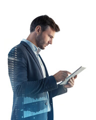 A professional businessman engaging with a digital tablet, featuring a compelling double exposure effect with numerical data and graphs white background...