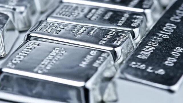 Close-up View of Stacked Silver Bars Reflecting Light and Showcasing Textures