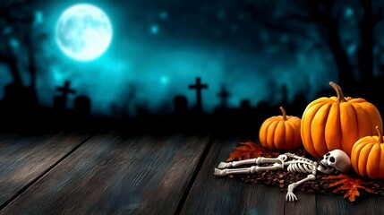 Halloween Party Card Pumpkins And Skeleton In Graveyard At Night With Wooden Board. Spooky autumn celebration invitation featuring grinning gourds and a skeletal figure amidst nocturnal