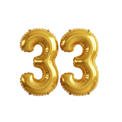 Golden number balloons 33 on transparent background for celebrations