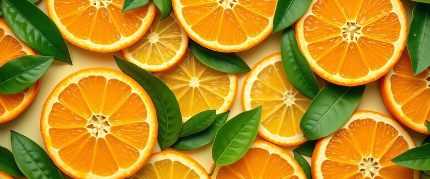 Vibrant orange slices & green leaves, juicy citrus pattern,  graphic,  vitamin c