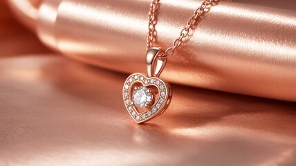 A close-up macro photograph of a rose gold heart-shaped pendant necklace with a diamond halo setting.
