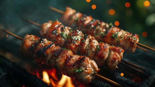 Grilled chicken skewer with herbs cooking over open flame barbecue featuring juicy flavorful meat char marks smoky background ambiance outdoor food smoky barbecue glowing embers delicious golden