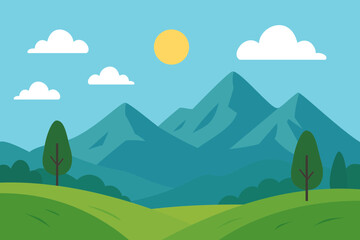 Obraz premium View of Mountains and Grasslands and Trees with a Clear Blue Sky Background