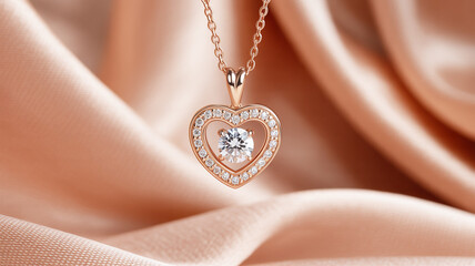 Fototapeta premium A close-up macro photograph of a rose gold heart-shaped pendant necklace with a diamond halo setting.