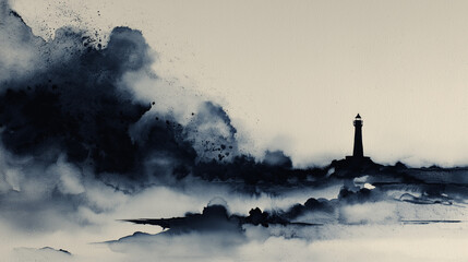 Serene Lighthouse in Stormy Sea: Abstract Watercolor