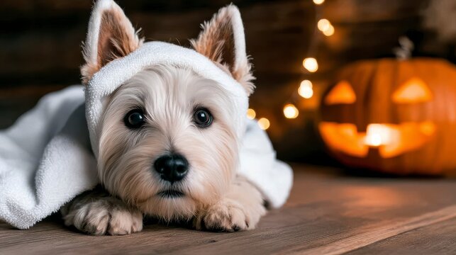 Ma? y pies kundelek w stroju ducha na Halloween. Adorable puppy halloween costume a tiny dog dressed as a ghost for autumn festivities.