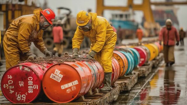 Hazardous Worksite: A dramatic scene captures workers in protective gear handling potentially dangerous materials. Highlighting industrial safety in a real-world setting.