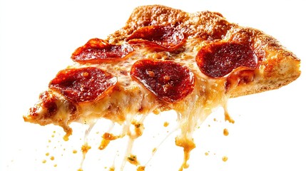 Pepperoni pizza slice w/ dripping cheese, crusty edge, on a white background