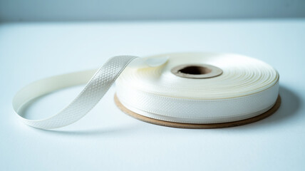 A close-up photograph of a white decorative ribbon spool on a light blue-gray background.