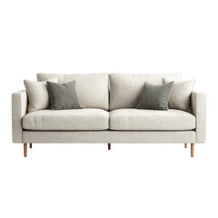 Fototapeta premium Off-white linen sofa with light wood legs and two sage green cushions