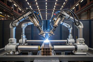 Fototapeta premium Advanced Robotic Arm Welds Steel Pipe with Precision and Symmetrical Joints in Industrial Setting