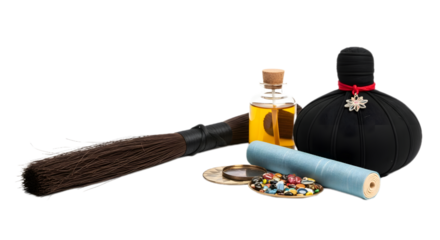 Traditional witchcraft items with potion bottle broomstick and herbs on Transparent Background