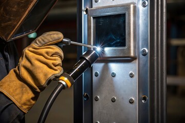 Welder Adjusting Settings on Torch with Gloved Hand Before Welding Panel in Workshop Environment