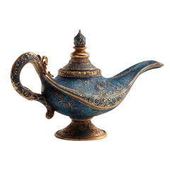 Fototapeta premium Ornate, dark-blue genie lamp with gold detailing, swirling patterns, and a curved handle
