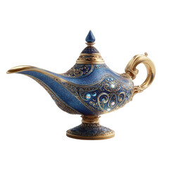 An ornate, blue and gold genie lamp with intricate detailing, a curved spout, and a jeweled finial