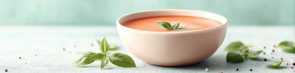 Comforting bowl of tomato soup with basil garnished on a clean white table for a cozy dining experience