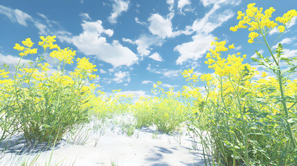 Bright yellow flowers bloom in a field of light green grass on a bed of white sand, under a vibrant blue sky with puffy clouds.  A low-angle view showcases the beautiful, detailed flowers and greenery