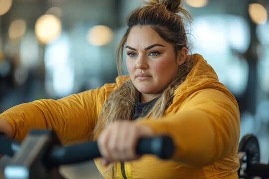 Overweight woman exercising on a rowing machine, performing a routine workout to improve physical and mental health, demonstrating the benefits of regular exercise, Generative AI