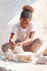 Young Black female stone miller chiseling an intricate design into a stone block in a sunlit workspace