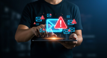 Person using tablet, interacting with digital emails showing warning signs, indicating potential cyber threats or phishing attempts.