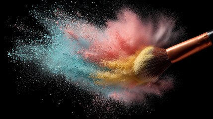 Pastel Powder Explosion with Makeup Brush on Black Background