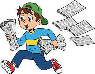 Cartoon boy running fast delivering newspapers, surprised expression, flying papers, green cap, red shoes, comic style, vintage newsboy concept