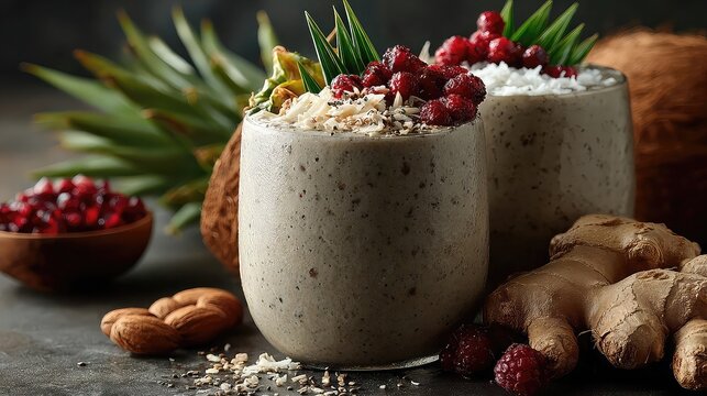 Coconut-based smoothies using coconut cream, milk, fruit, and greens for creamy, plant-based refreshments with tropical flair and wellness focus