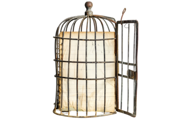 Antique birdcage holds old notebook creative writing concept