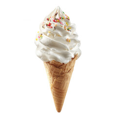 Soft-serve ice cream cone with colorful sprinkles, creamy texture, and a waffle cone