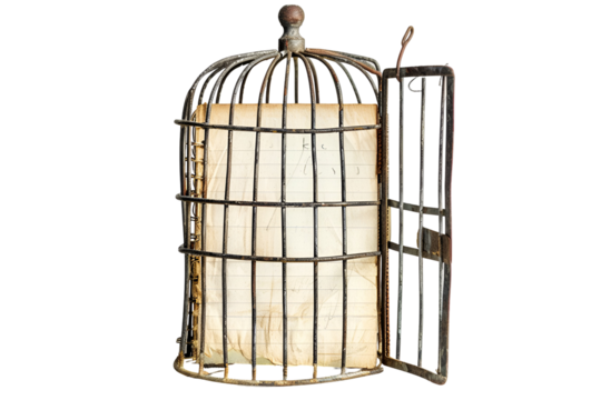Antique birdcage holds old notebook creative writing concept