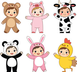 Children wearing animal costumes, pig, cow, bunny, chicken, bear, panda, cartoon illustration, fun kids activity, cute character design