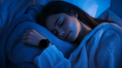 Woman Sleeping Peacefully with Smartwatch Sleep Tracker