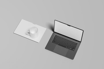 Laptop computer, tablet pc and mobile phone mockup front view, digital devices screen template isolated with mug mockup set from different angles - front, side and back view isolated, Blank softcover 