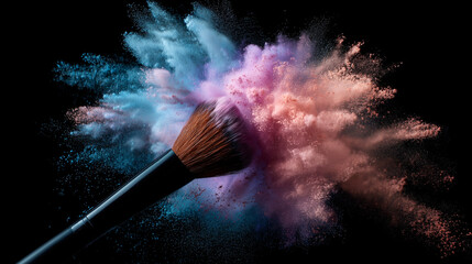 Pastel Powder Explosion with Makeup Brush on Black Background