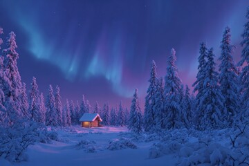 Snowy cabin bathed in aurora borealis