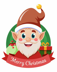 Festive elf character with a cheerful smile and holiday gifts, perfect for Christmas designs and adding holiday cheer to projects.
