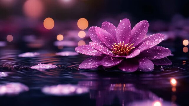 Purple water lily flower with water droplets floating on calm water surface, soft glowing bokeh lights, serene reflection of aquatic nature petals creating peaceful atmosphere in dark background