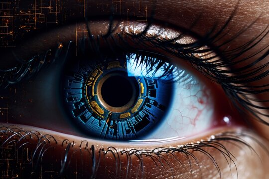 Close up of a human eye reflecting futuristic digital circuit board, exploring the concept of technological integration with the human body