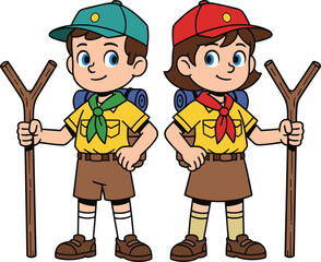 Cute cartoon boy and girl scouts, holding wooden sticks, wearing uniforms, hats, backpacks, adventure outdoor kids character illustration