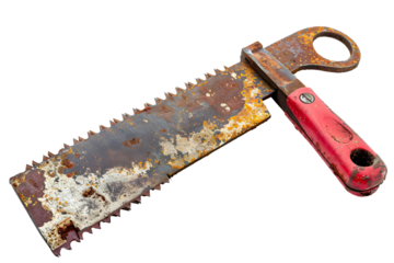 Rusty hand saw with red handle old tool isolated black background