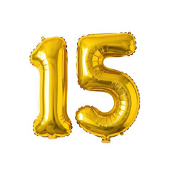 Golden number 15 foil balloons on transparent background celebration decoration