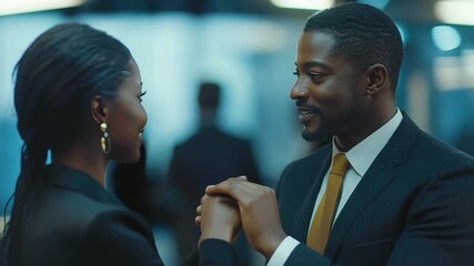 Business Embrace: A sophisticated business couple gaze lovingly into each other's eyes, sharing an intimate moment of connection and affection, the embodiment of a strong professional relationship.