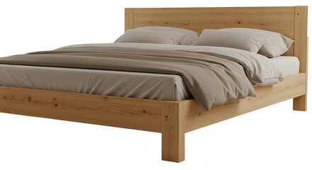 Light wood frame bed with bedding