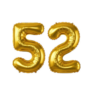 Golden number 52 balloon celebration on transparent background