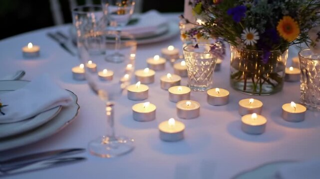 Romantic dinner table setting with candles and flowers