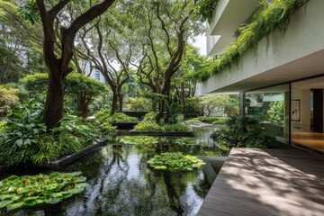 Tranquil Garden Pond With Lush Trees And Modern Architecture