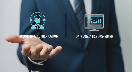 Business Professional Using Biometric Authentication and Data Analytics Dashboard for Secure Digital Identity and Data Analysis
