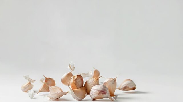 A whimsical scene with garlic cloves suspended in mid-air, great for illustrating culinary or kitchen-themed concepts